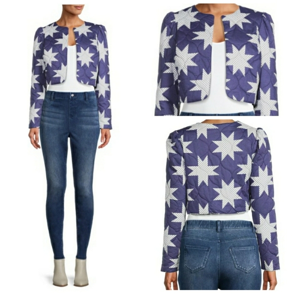 💎NWT Star Quilted Blue & White Crop Jacket - Picture 13 of 14